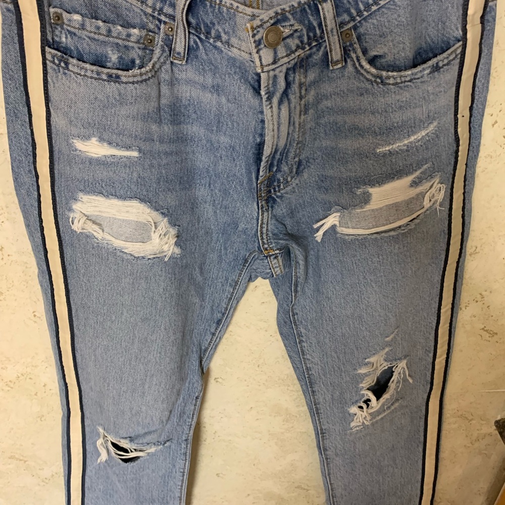 Abercrombie & Fitch Light Blue Distressed Jeans with Stripes